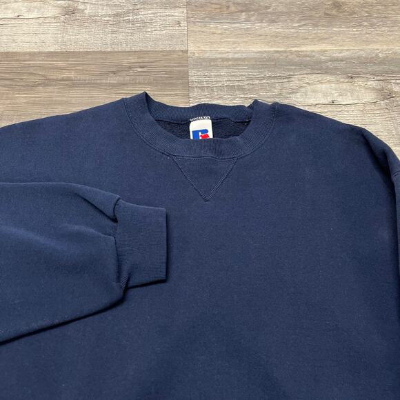 Vintage Y2K Russell Athletic Navy Blue‎ Mens L Blank Fleece Pullover Sweatshirt - Picture 1 of 8